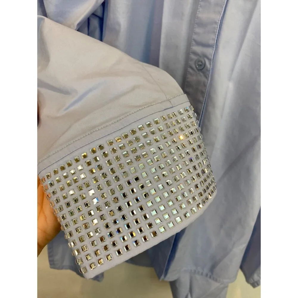 Carbon38 Women's Rhinestone Oversized Button Up Shirt Size Small Light Blue - Picture 7 of 9